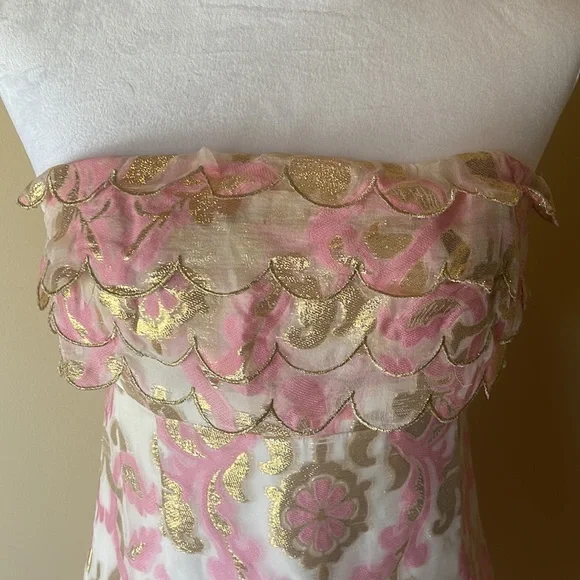 Lily Pulitzer size 2 Cream Pink Metallic Gold Scalloped trim - Picture 2 of 3